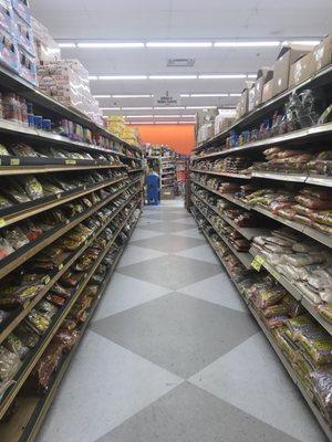 Clean, wide aisles and lots of cuisines for sale.