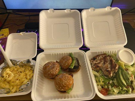 Mac and cheese  Kobe beef sliders chop salad chicken