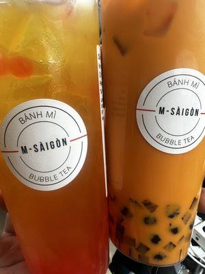 Mango Jasmine Iced Tea with Strawberry Popping Boba and a Thai Milk Tea with Coffee Jelly.