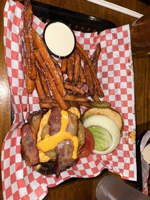 Whole burger, oversalted fries and milky sauce