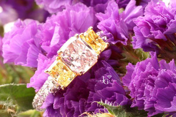 Natural Pink and Yellow Radiant Cut Three Stone Diamond Ring.