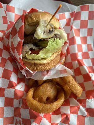 Mushroom Burger Deluxe with Onion Rings