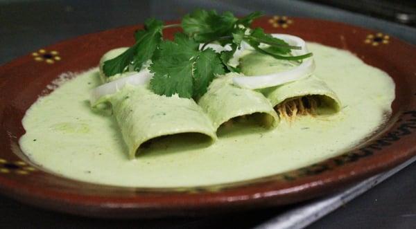 Enchiladas Nayarit - Chicken enchiladas covered in a creamy poblano sauce