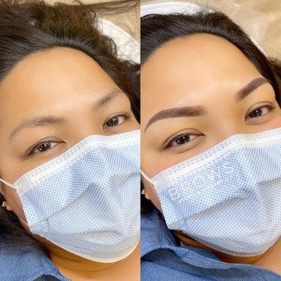 Before & After - soft ombré powder brow tattoo. Can last up to 3 years depending on aftercare and lifestyle.