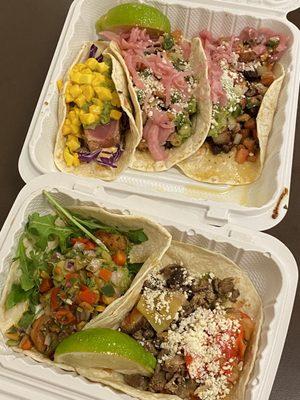 Pork Belly Taco, Ahi Tuna Taco, Shrimp Verde Taco, Carne Asada Taco