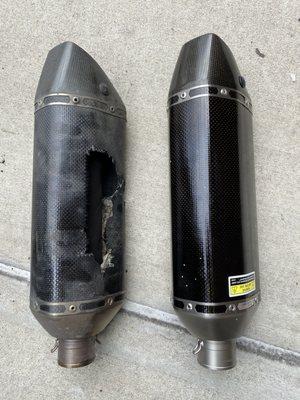 Destroyed muffler on the left, brand new muffler on the right (third one I had to purchase)