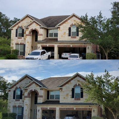 Roof cleaning. Top picture has black algae on shingles. Lower picture is clean and back to normal color.