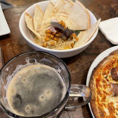 Hummus pizza and beer