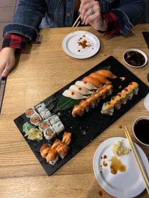 Spicy Tuna roll, white tuna, sake salmon, Pink Girl rolls, and one Spicy Killer roll.