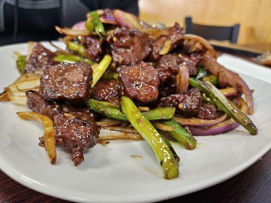 Mongolian beef white rice off to the side and not in the picture. ABSOLUTELY DELICIOUS!