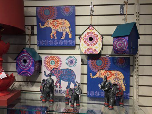 (2017) Whimsical elephant decor and bird houses for home or office.