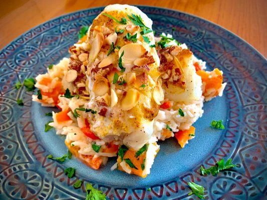 Dijon Mustard and almond crusted Cod with jasmine coconut rice and butternut squash