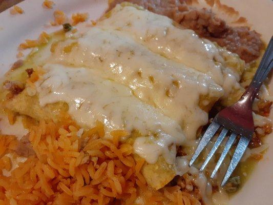 Enchiladas verdes with rice and beans