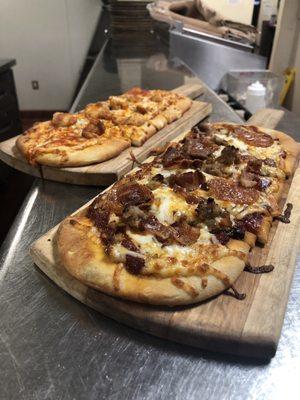 Buffalo Chicken and Meat Lovers Flatbread