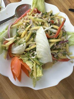 The mango ginger salad was a vibrant blend of sweet and spicy, delightfully refreshing.