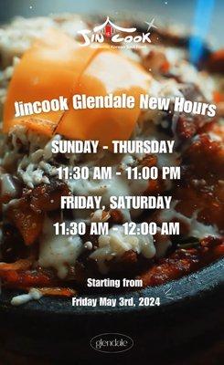 Jincook Glendale New Hours  as of May 3rd, 2024