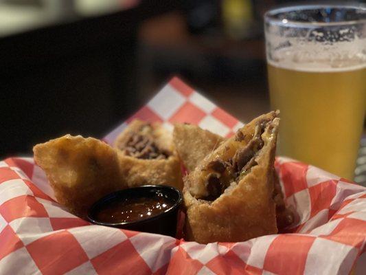 Cheese steak egg rolls and a beer,what more could you want.