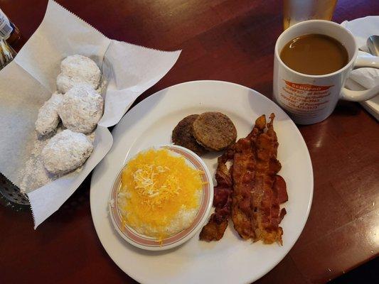 Beignets, cheesy grits, sausages, bacon, coffee