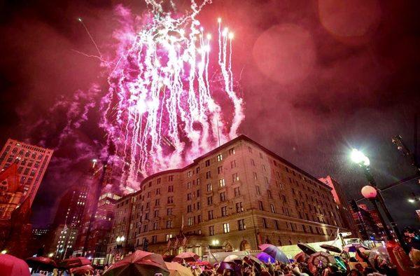 Pyrotechnics off the top of the Fairmont Copley hotel (the second fireworks show of the night)!