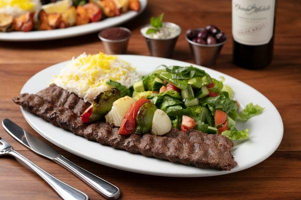 Entree: Beef Koobideh Kabob (all natural, antibiotic and hormone free beef) with choice of two sides.