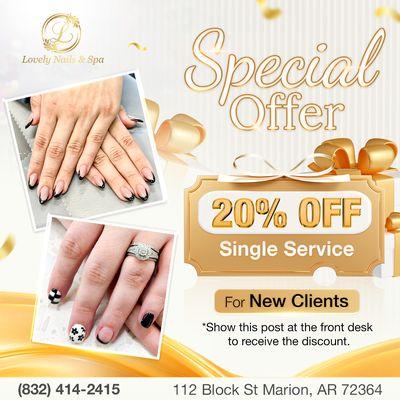 SPECIAL OFFER
20% OFF Single Service for New Clients
*Show this post at the front desk to receive the discount. 

 Come visit Lovely