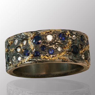 Commission Genius of Nature textured wedding ring made in palladium and 18K yellow gold inlay with over 1  1/2 ct. of diamonds & sapphires.