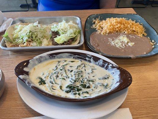 Spinach queso, chicken tacos w/rice and beans