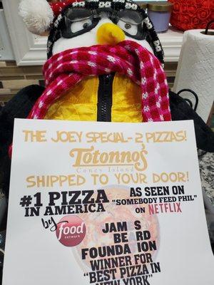 Won pizza at a FRIENDS-themed event, got the Joey special delivered from NY to CA!