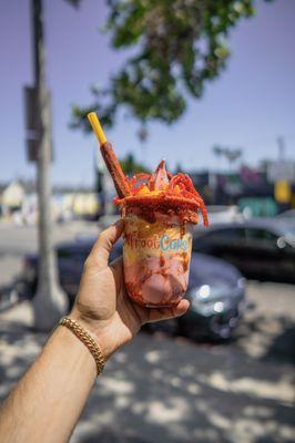 Mango Strawberry Dole Soft Serve with Fresh Peaches  Chamoy and Lucas Salsagetti Candy