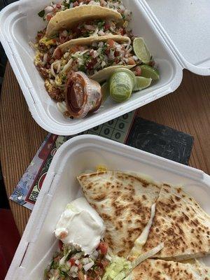 Breakfast tacos (bacon) and Georgia quesadilla (no meat).