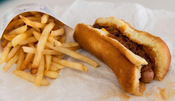 Chili dog with fries