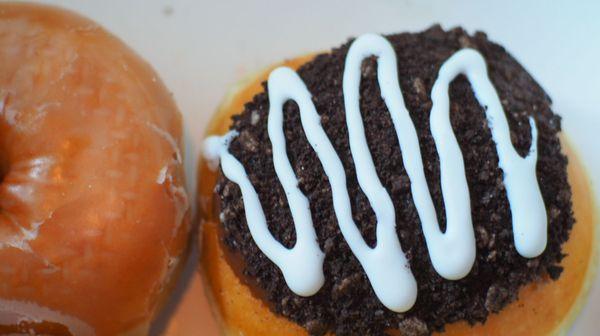 I ordered the Oreo cookie glazed donut. This is something in the Oreo genre, but no creme filling. Check to see what they give you.