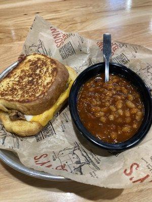 Brisket grilled cheese with bbq baked beans