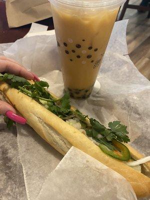 Pork sandwich and mango milk tea with tapioca boba