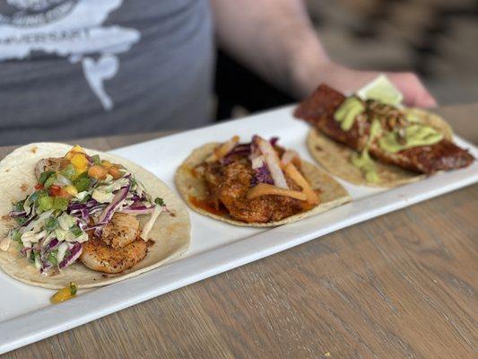 Blackened Shrimp Taco, Cochinita pibil taco, Filet Mignon Taco