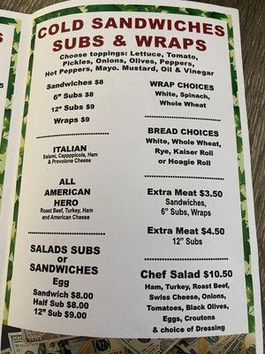 Sandwich & salad menu as of 7-24-24