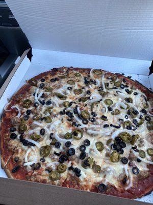 18" sausage onion mushroom jalapeño black olives