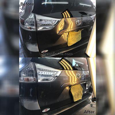 Before and after if a large dent on a Toyota Sienna.