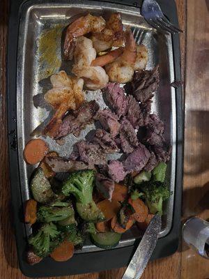 Steak and 4 Jumbo Shrimp with the seasonal veggies! My fav!