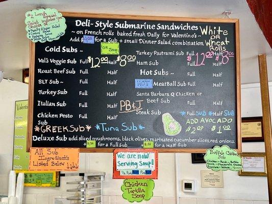 Submarine Sandwich menu