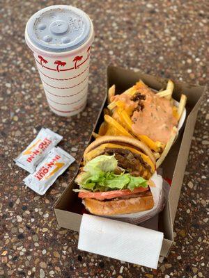 Double-Double Animal Style (~$4), Animal Fries (~$4), Medium Fountain Drink (~$2).