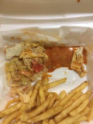 Gross. River of hot sauce. COLD and soggy fries. Going in the garbage.