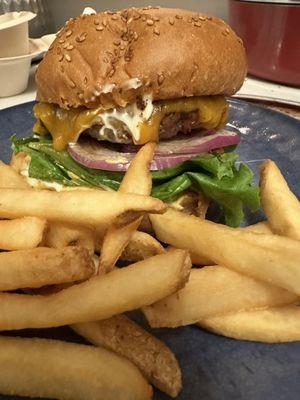 Giant Bacon Burger ( 7oz ) and French Fries.