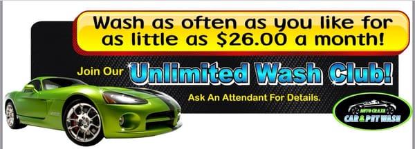 We offer unlimited wash club memberships starting at $26 per month through our state-of-the art express tunnel!