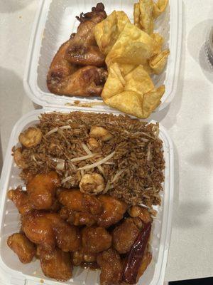 Crab Rangoons, Chicken Wings, Sweet and Sour Chicken, Shrimp Fried Rice meal