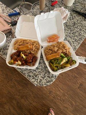 General Tso chicken and beef with broccoli