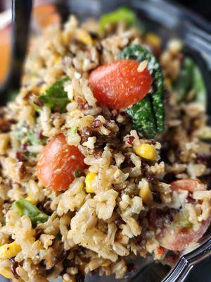 Southwest Bowl - Wild Rice Blend, Chicken, Spinach, Roasted Corn, Avocado, Tomatoes, Cotija Cheese w/ Cilantro Chili Lime Dressing