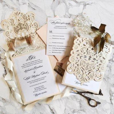 Ivory, blush and white wedding invitations suite for a wedding at the Normandy Farm in Blue Bell, Pennsylvania.