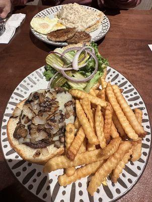 Mushroom Swiss burger with fries