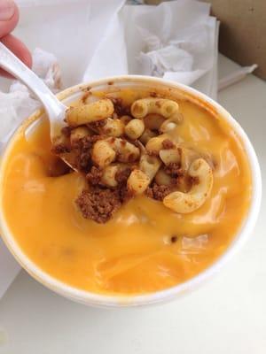 Chili cheese Mac.  Not quite Cinci style, but the chili adds a nice flavor to the mix.  Cheap price too!